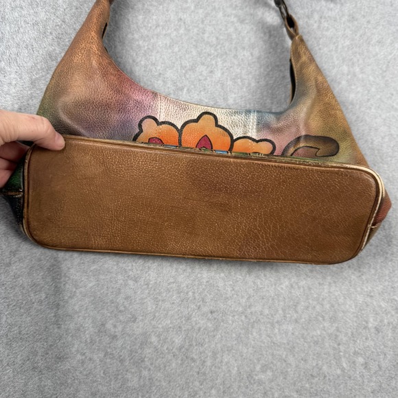 Anuschka Purse Womens Brown Floral Lotus Hand Painted Leather Shoulder Bag - Picture 6 of 13